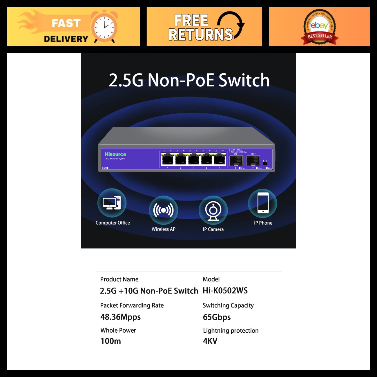 5-Port 2.5G Ethernet Non-PoE Switch with 2x 10G SFP+ - US Plug