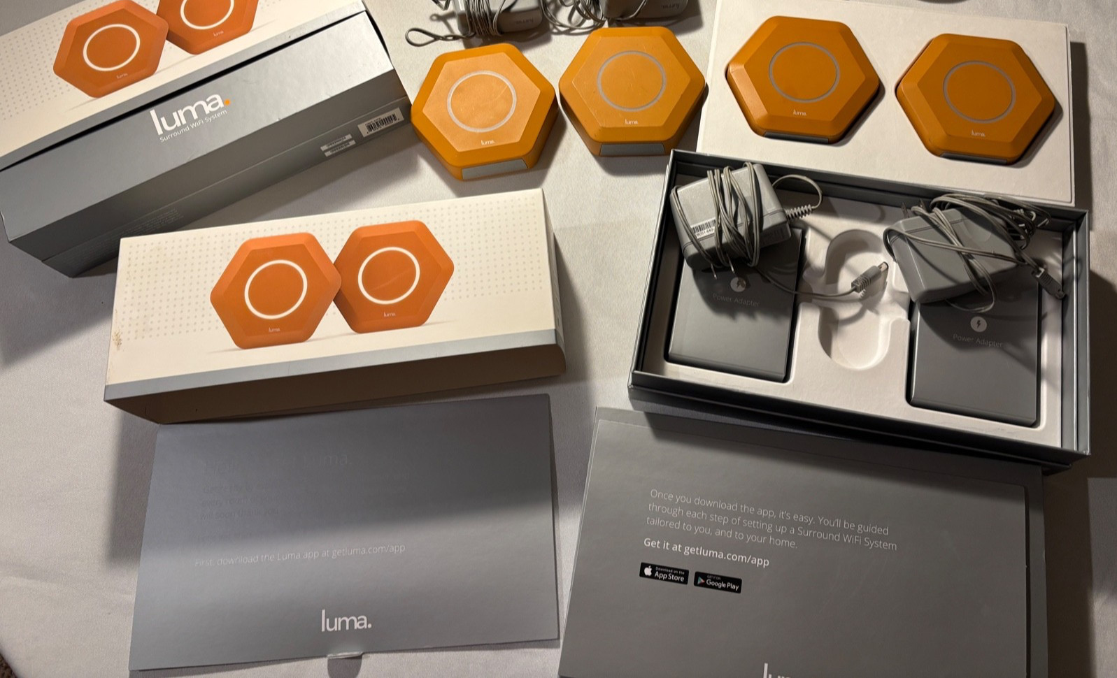 Luma Home surround sound wifi mesh network. 2 boxes with two each and cables