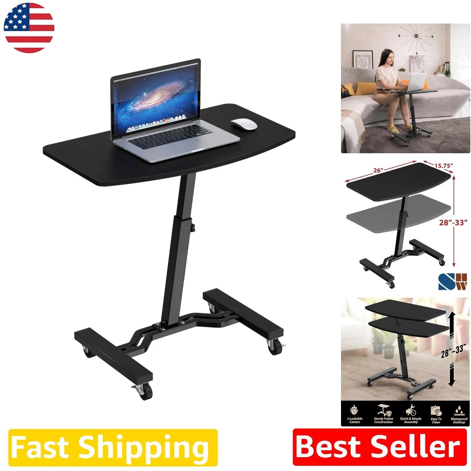 Mobile Height Adjustable Laptop Desk 28-33" Rolling Workstation