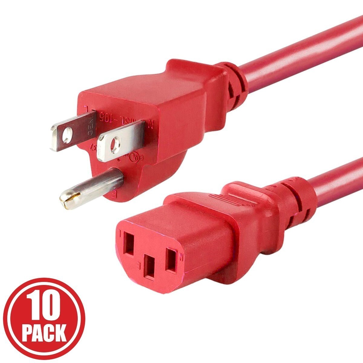 10x 2FT PC Computer Monitor Power Cord Cable NEMA 5-15P To IEC C13 18AWG 10A Red