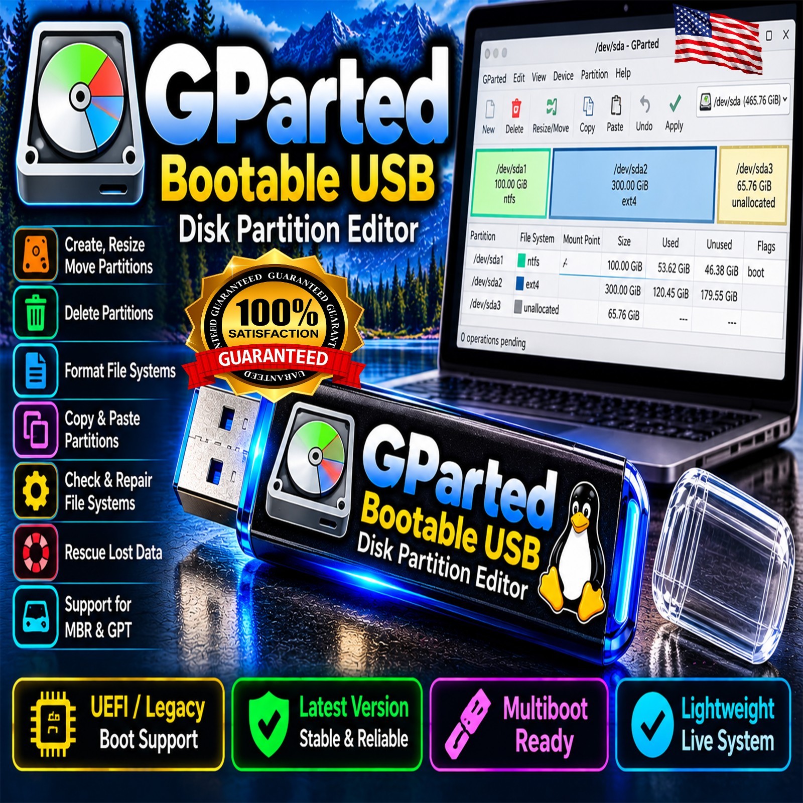 GParted Bootable USB | Partition Manager & Disk Utility Toolkit 64-Bit UEFI BIOS
