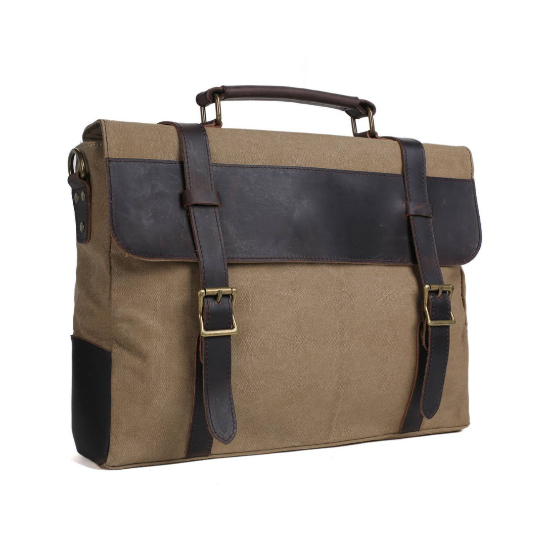 Handmade Waxed Canvas with Leather Briefcase Messenger Bag - Khaki