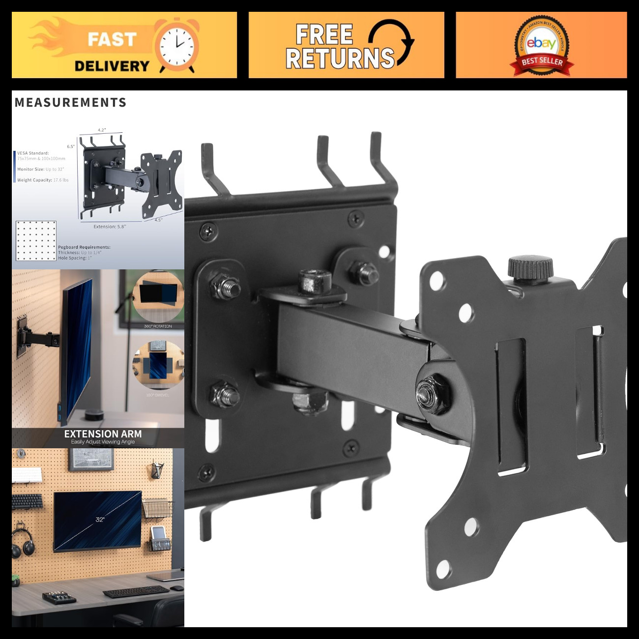 Single Monitor Pegboard Mount for 32" Screens - Adjustable, Space-Saving Design