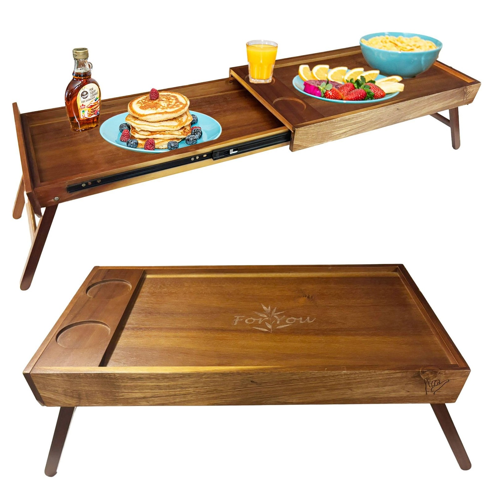 Breakfast Bed Table Tray for Two - One Piece, Dual Use Couple Bed Tray with C...