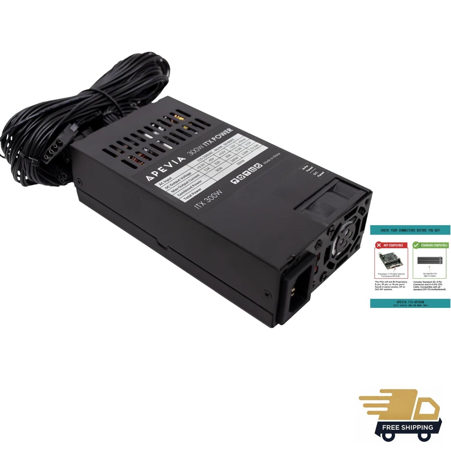 Compact ITX-AP300W 300W Power Supply with Multiple Connectors & Safety Features