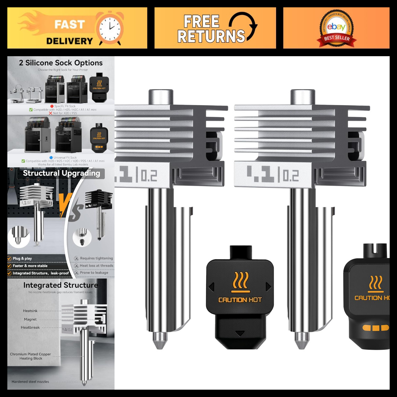 2PCS 0.2mm Mini Integrated Leak-Proof Hotend for 3D Printers - X2D/P2S/H2D