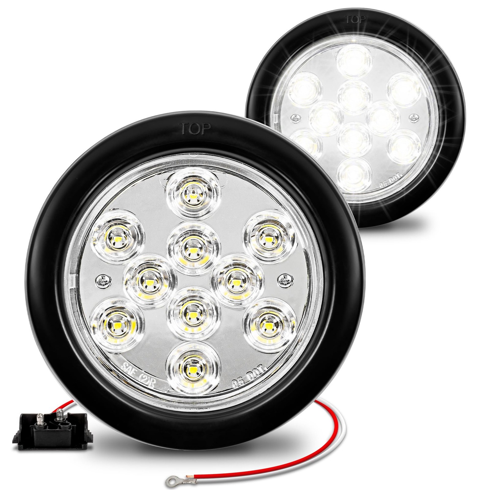 TRUE MODS 2pc 4" Round Clear White 10 LED Trailer Tail Lights [DOT FMVSS 108]...