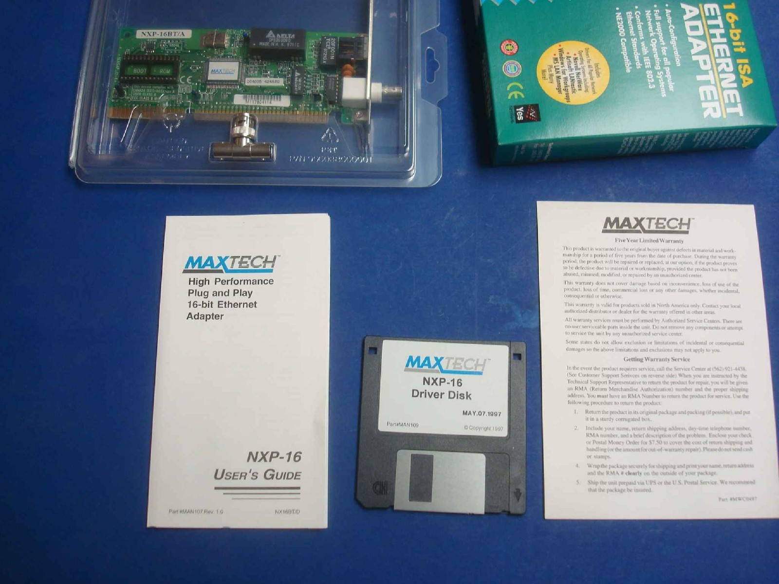 NE2000 ISA Ethernet NEW with diskette 10BT RJ45 10B2 BNC COAX MaxTech NXP-16BT/A