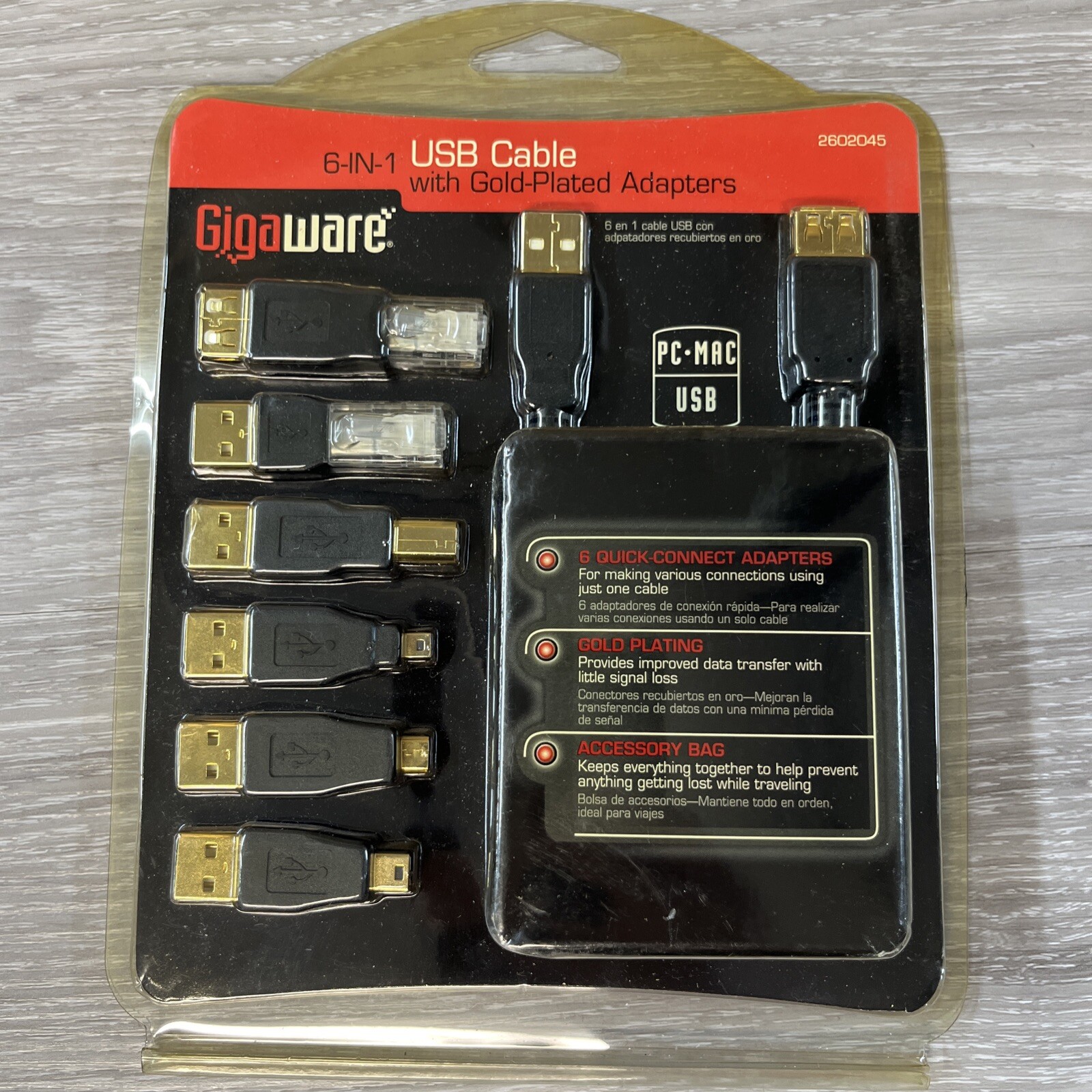 NEW GIGAWARE 6-IN-1 USB CABLE WITH GOLD PLATED ADAPTERS-PC-MAC-2602045