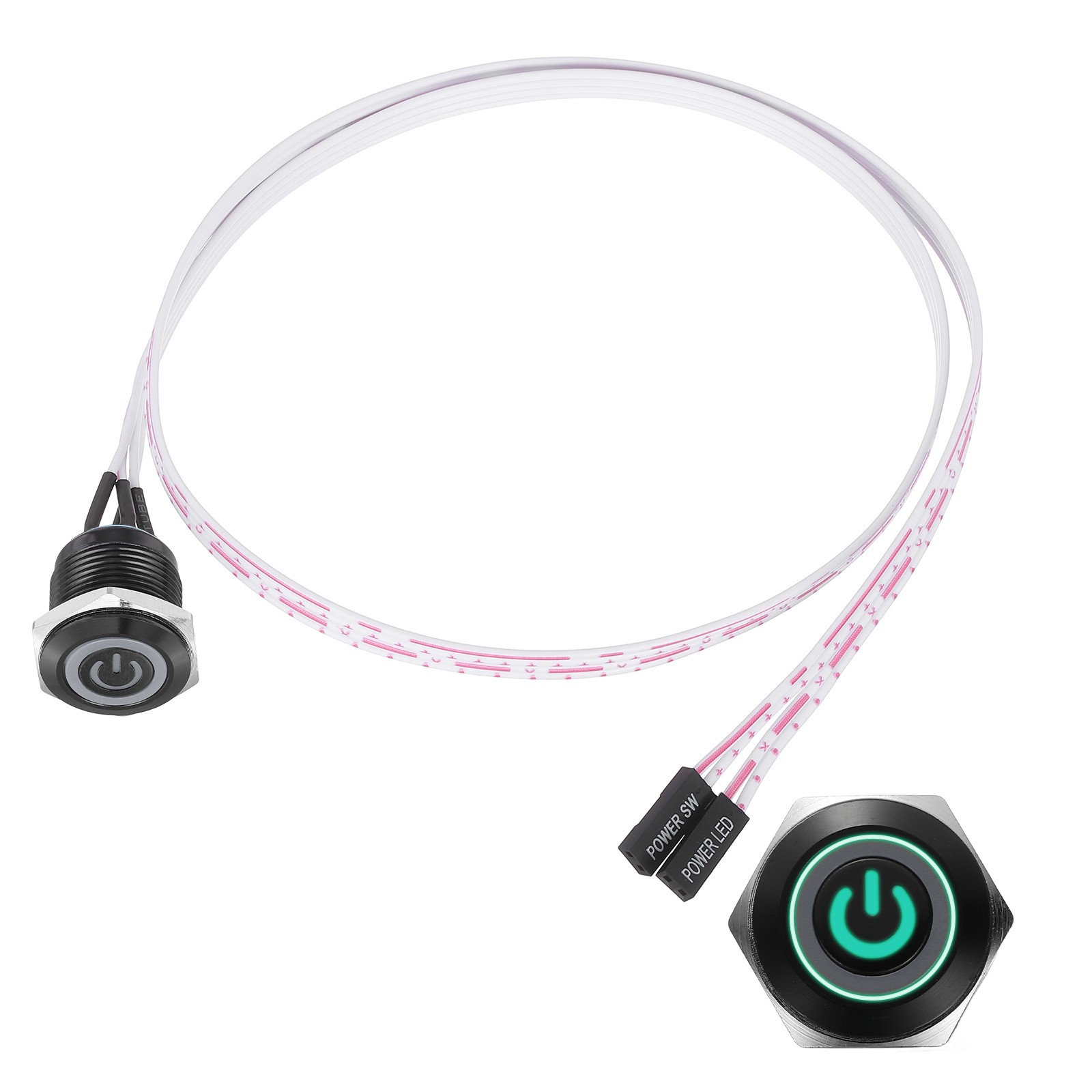 Black Chassis Metal Button 16mm Power Symbol Green LED Power Button 60cm Wire