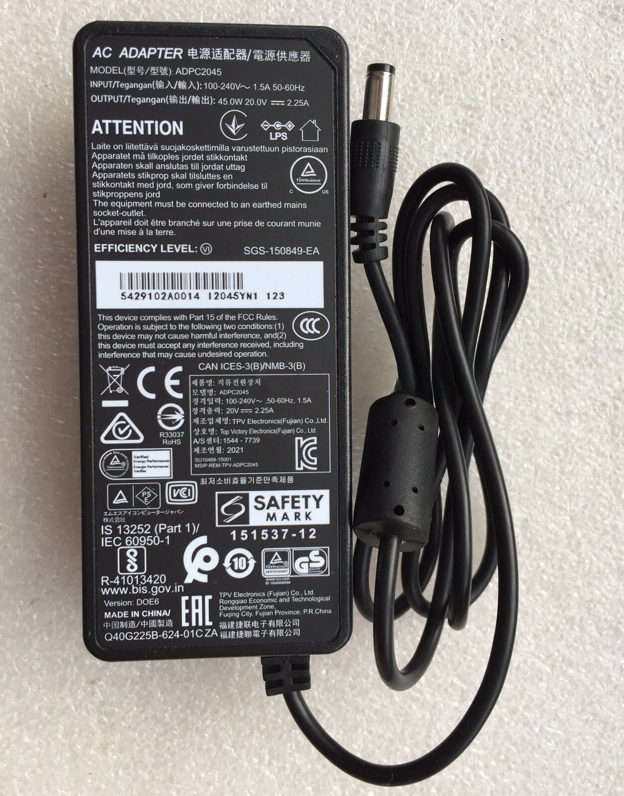 New Original TPV ADPC2045 20V 2.25A AC Adapter&Cord for AOC MSI LCD LED Monitor@