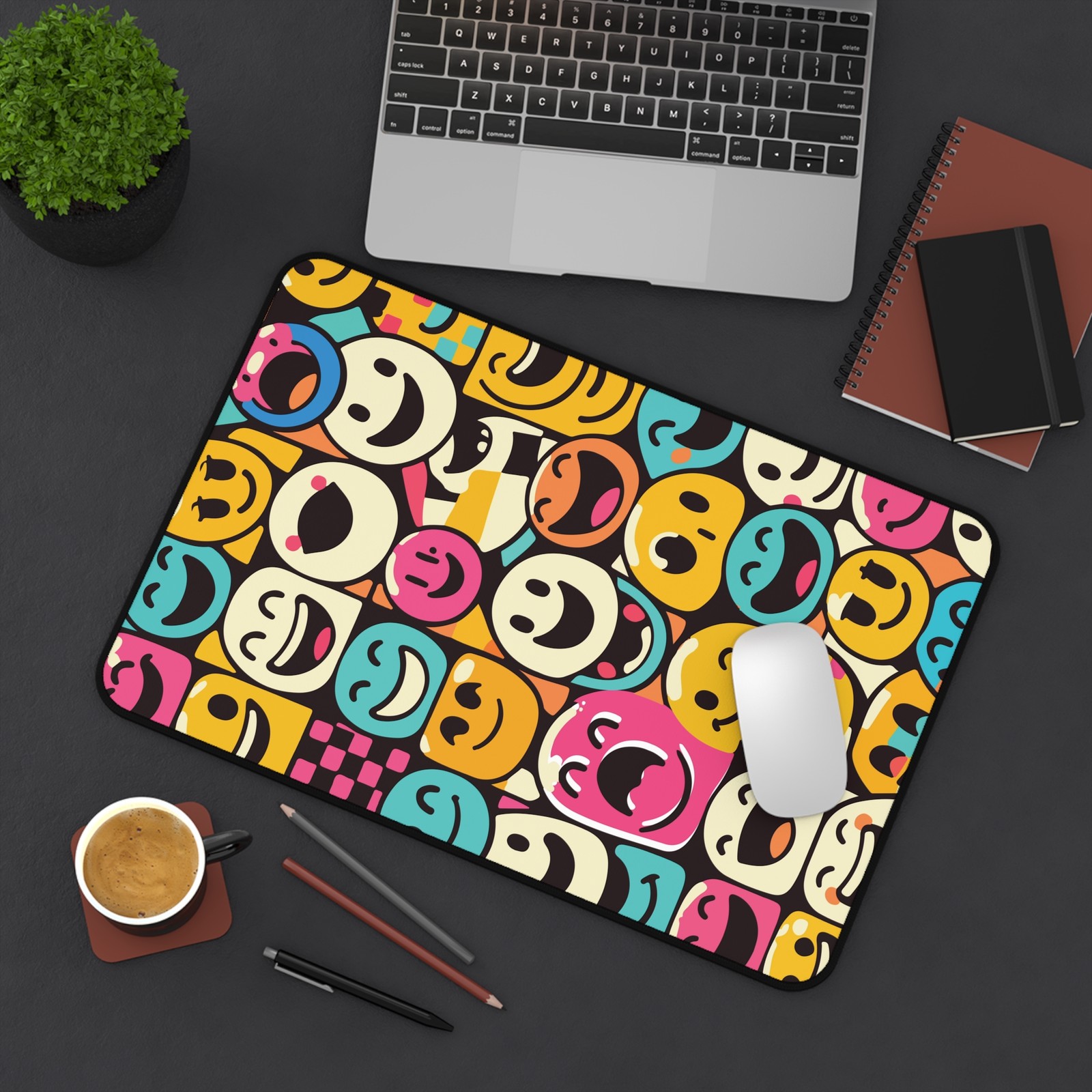 Colorful Retro Smiley Pattern Desk Mat | Pop Art Mousepad | Neoprene Game Pad 