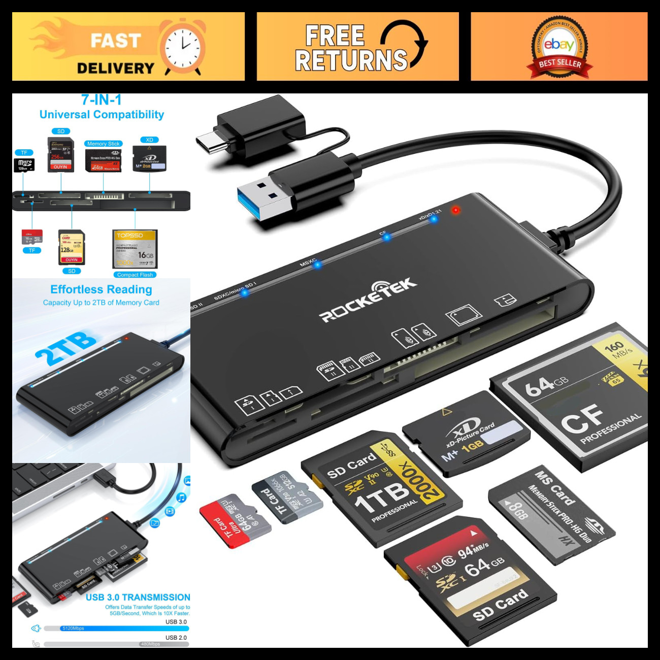 7-in-1 USB 3.0 & USB-C Multi Card Reader for SD, Micro SD, CF, MS, xD - Compatib