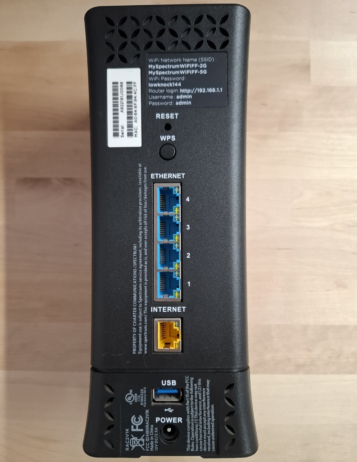 Spectrum RAC2V1K AC1200 Dual Band WiFi Router, 4 LAN Ports, USB, Black