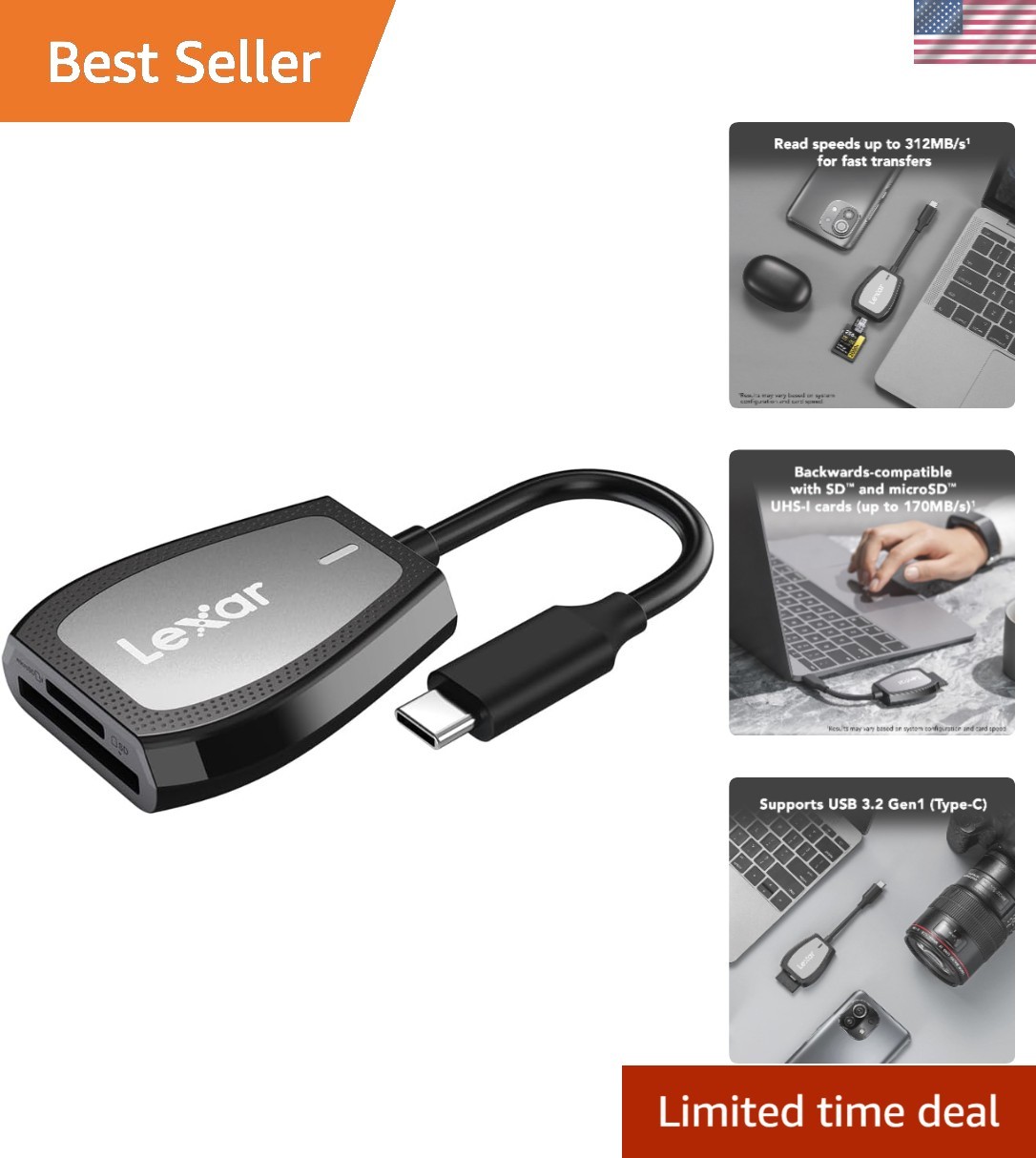 Dual-Slot SD/Micro SD Card Reader, Up to 312MB/s Read, USB-C