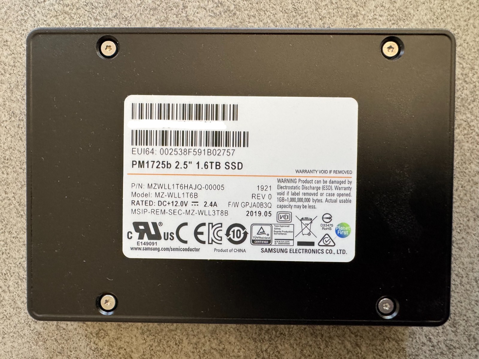 Samsung PM1725b 1.6TB U.2 NVMe PCIe SSD MZWLL3T2HAJQ Low Hrs 0% Wear 100% Health