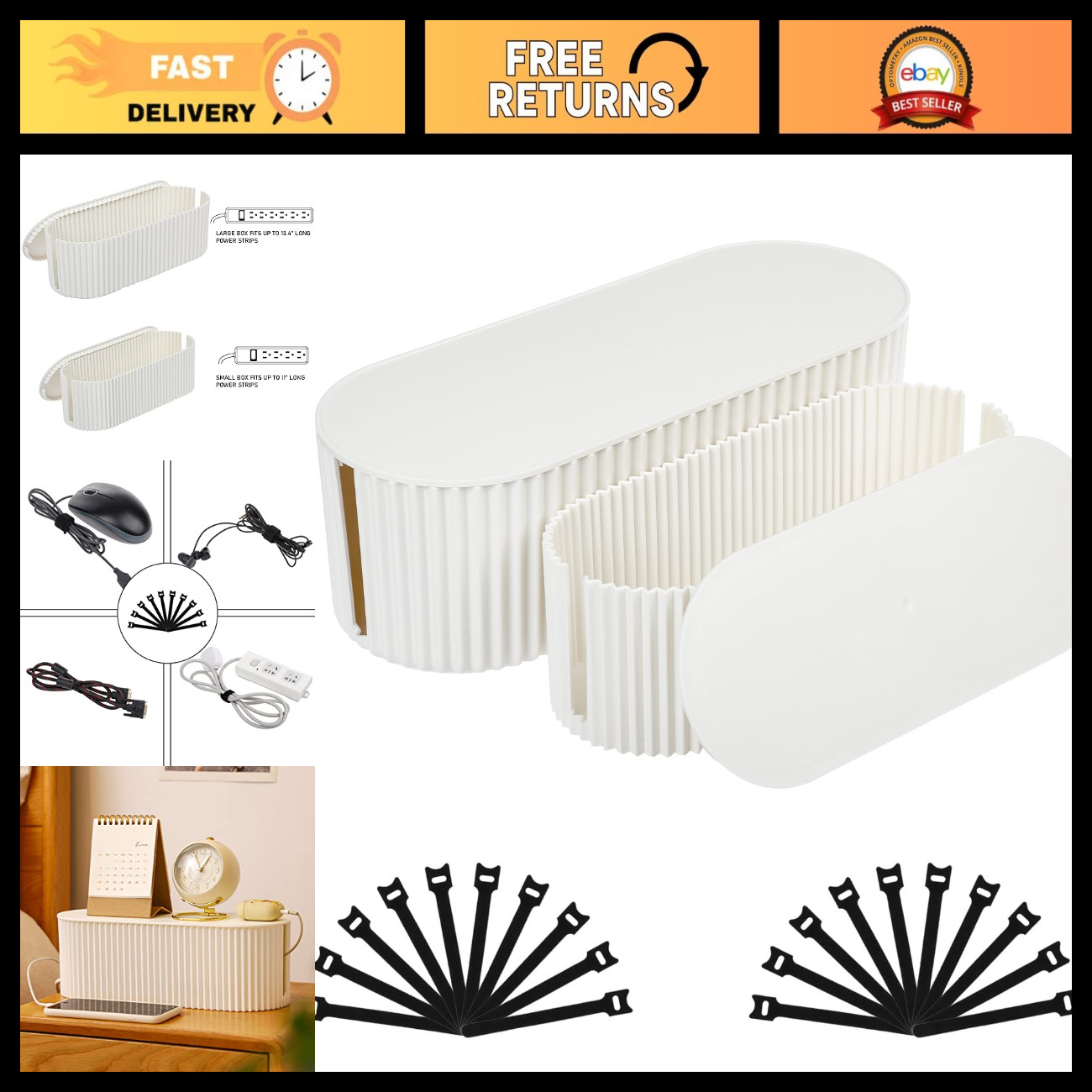 2 Pack Cable Management Box Set, Cord Organizer for Home & Office, White, Small