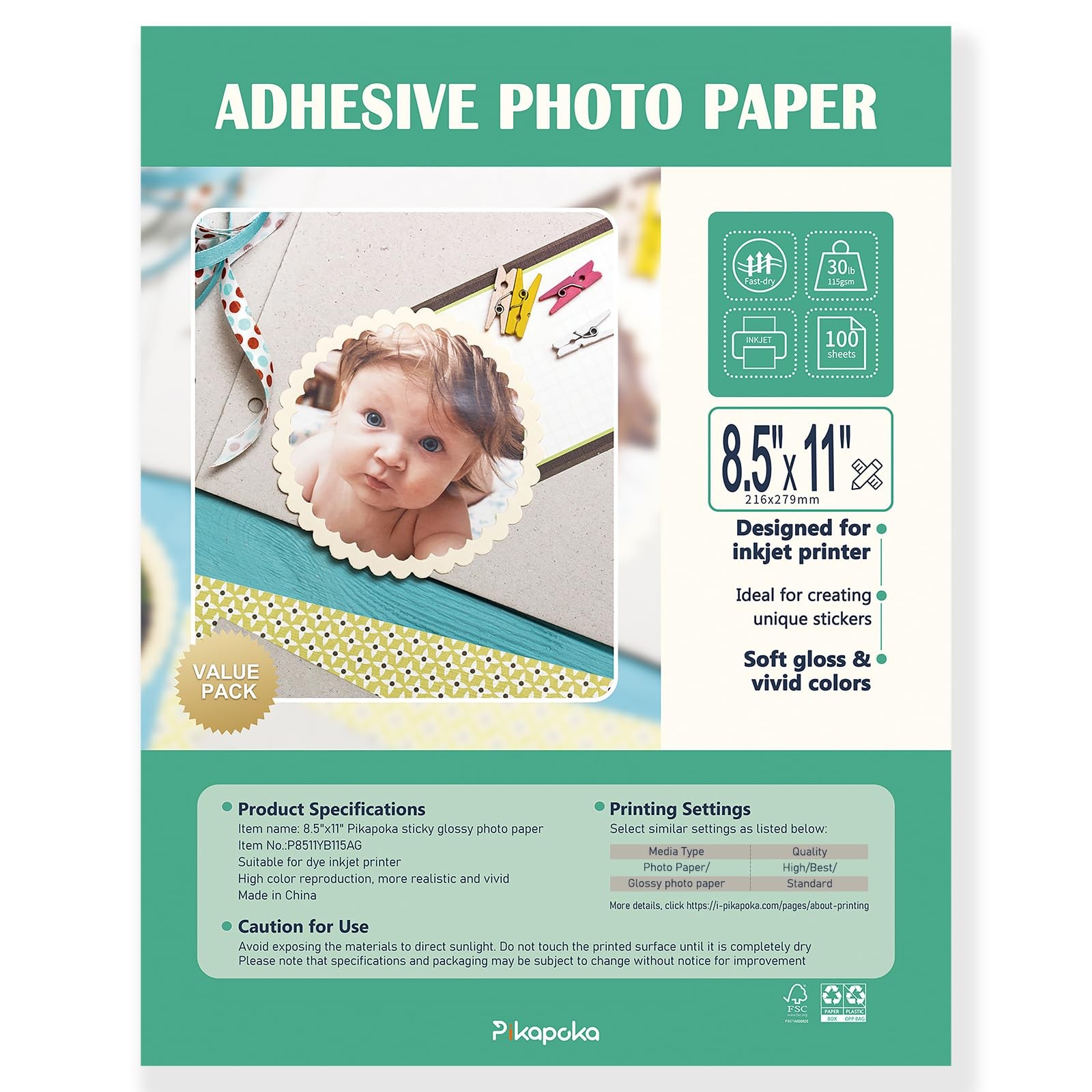 8.5x11 Self Adhesive Glossy Photo Paper for Inkjet Printer, 100 Pack