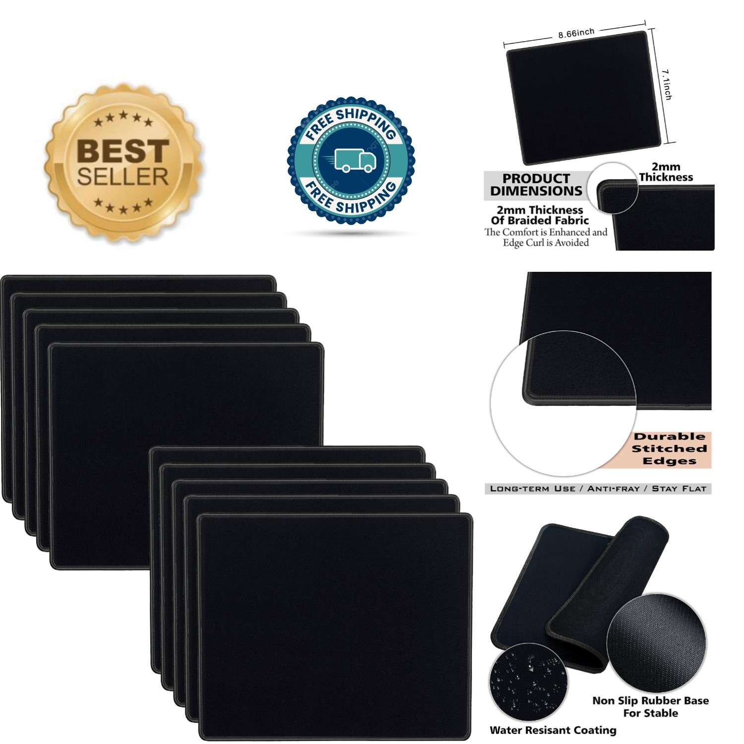 Ergonomic 10-Pack Mouse Pads with Wrist Support & Anti-Slip Base, 8.66x7.1 In