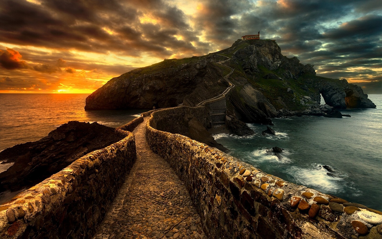 Landscape nature sunset path sea clouds rocks walkway Custom Gaming Mat Desk