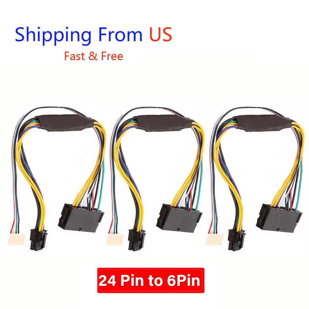 3pcs 24 Pin to 6 Pin ATX PSU Power Adapter Cable for Dell OptiPlex and More MB