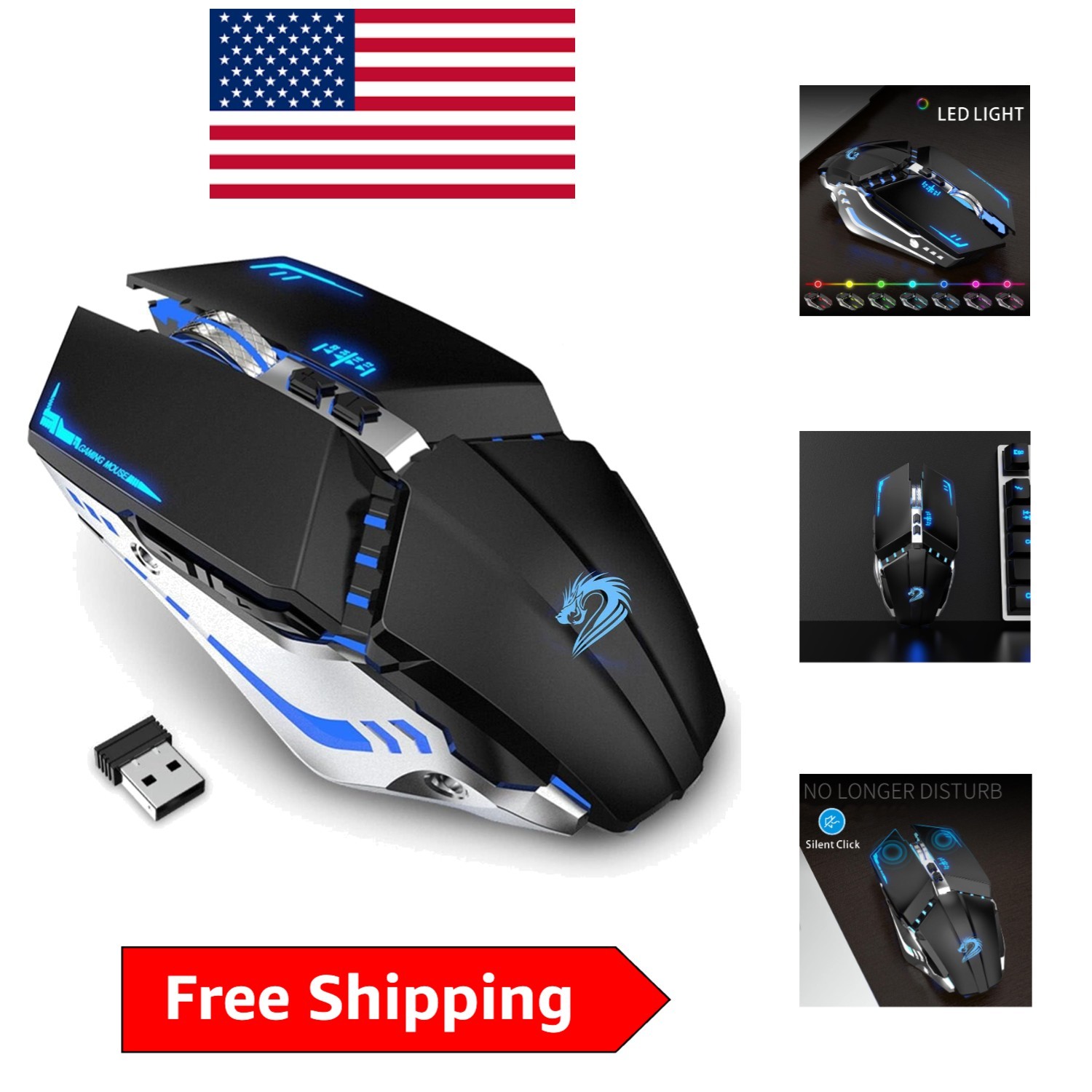 Ergonomic T12 Wireless Gaming Mouse with Changeable LED Lights - USB, 7 Buttons