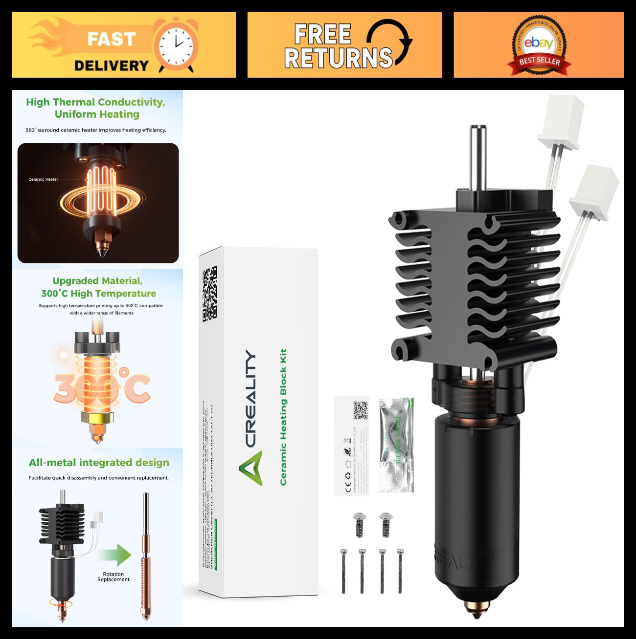 High Flow 3D Printer Hotend Kit - Ceramic Heating Block, Quick Swap Nozzle, All