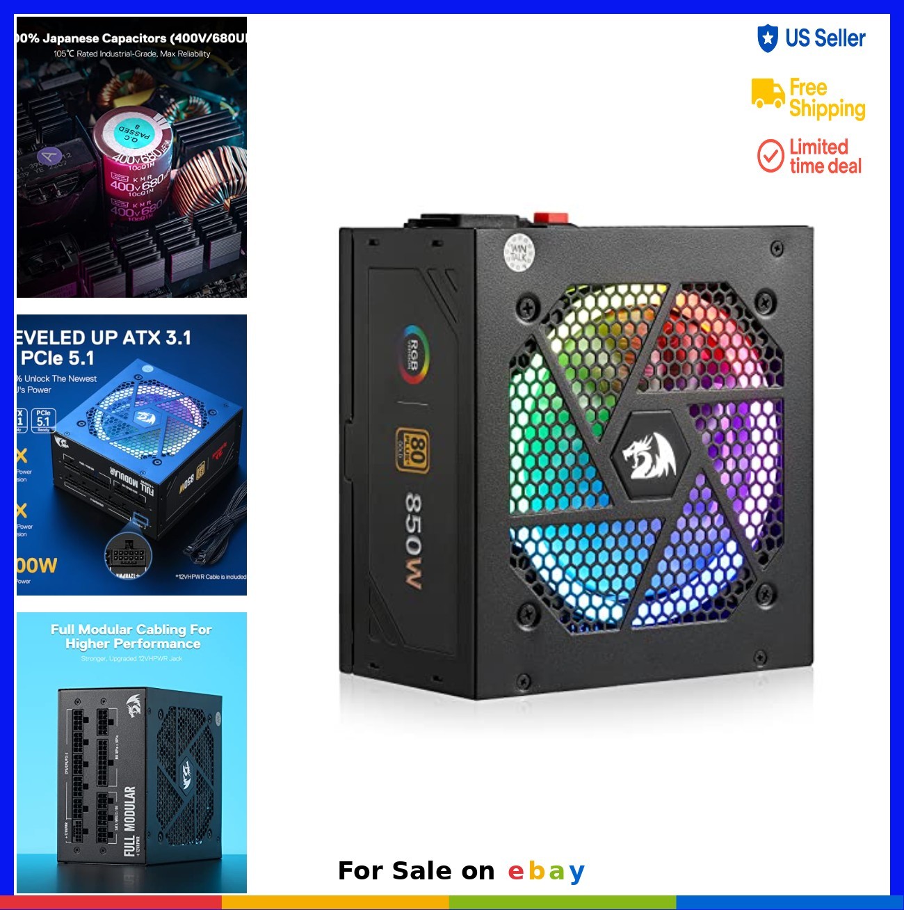 850W Fully Modular Power Supply 80 Plus Gold ATX 3.1 PCIe 5.1 12V-2x6 Japanese