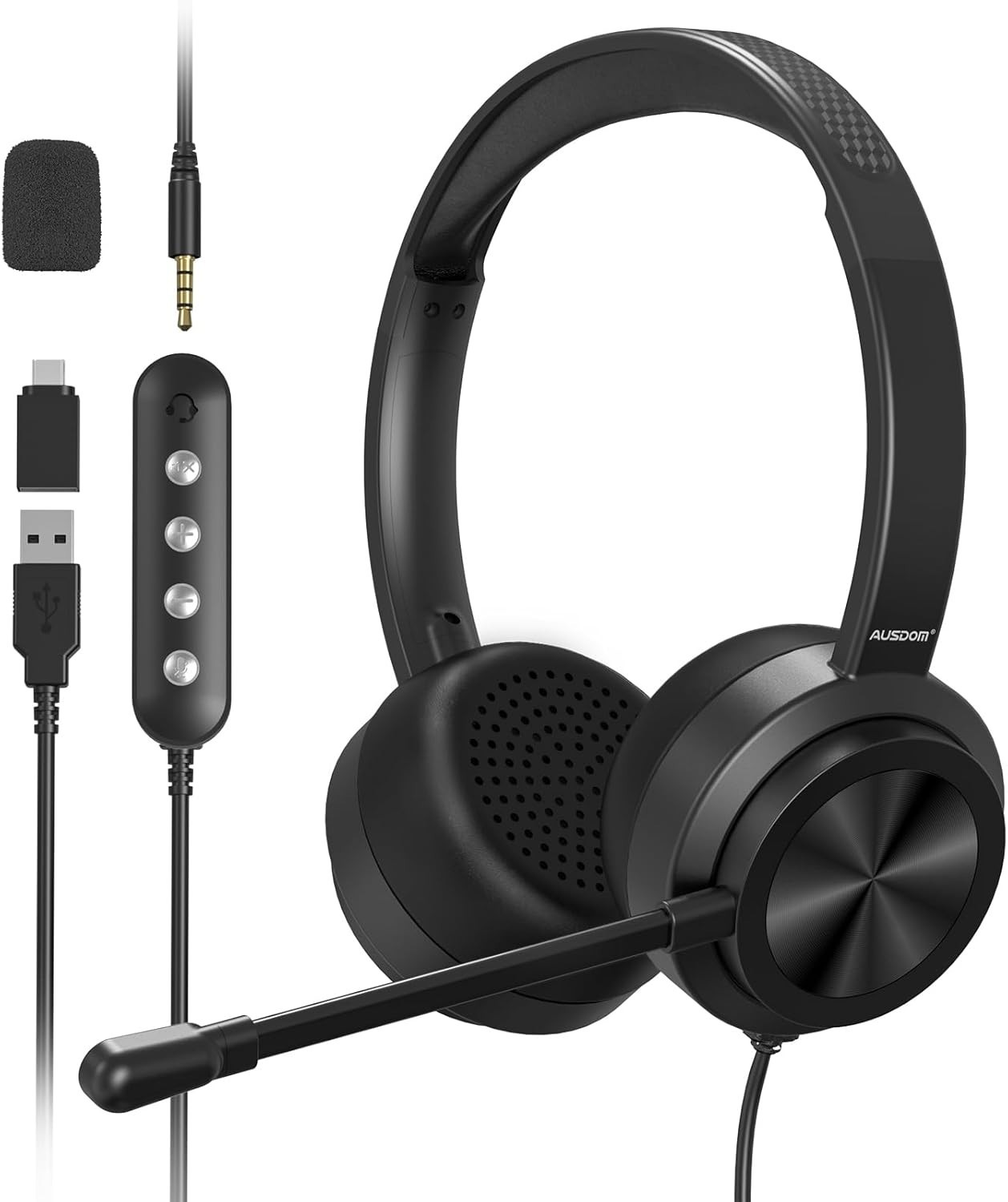 AUSDOM USB Computer Dual Headset with Microphone: On-Ear 3.5mm Wired Headset OPE
