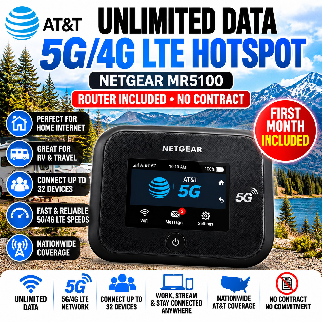 NETGEAR MR5100 5G Hotspot Rural Internet RV WiFi Unlimited Data AT&T 30 Days