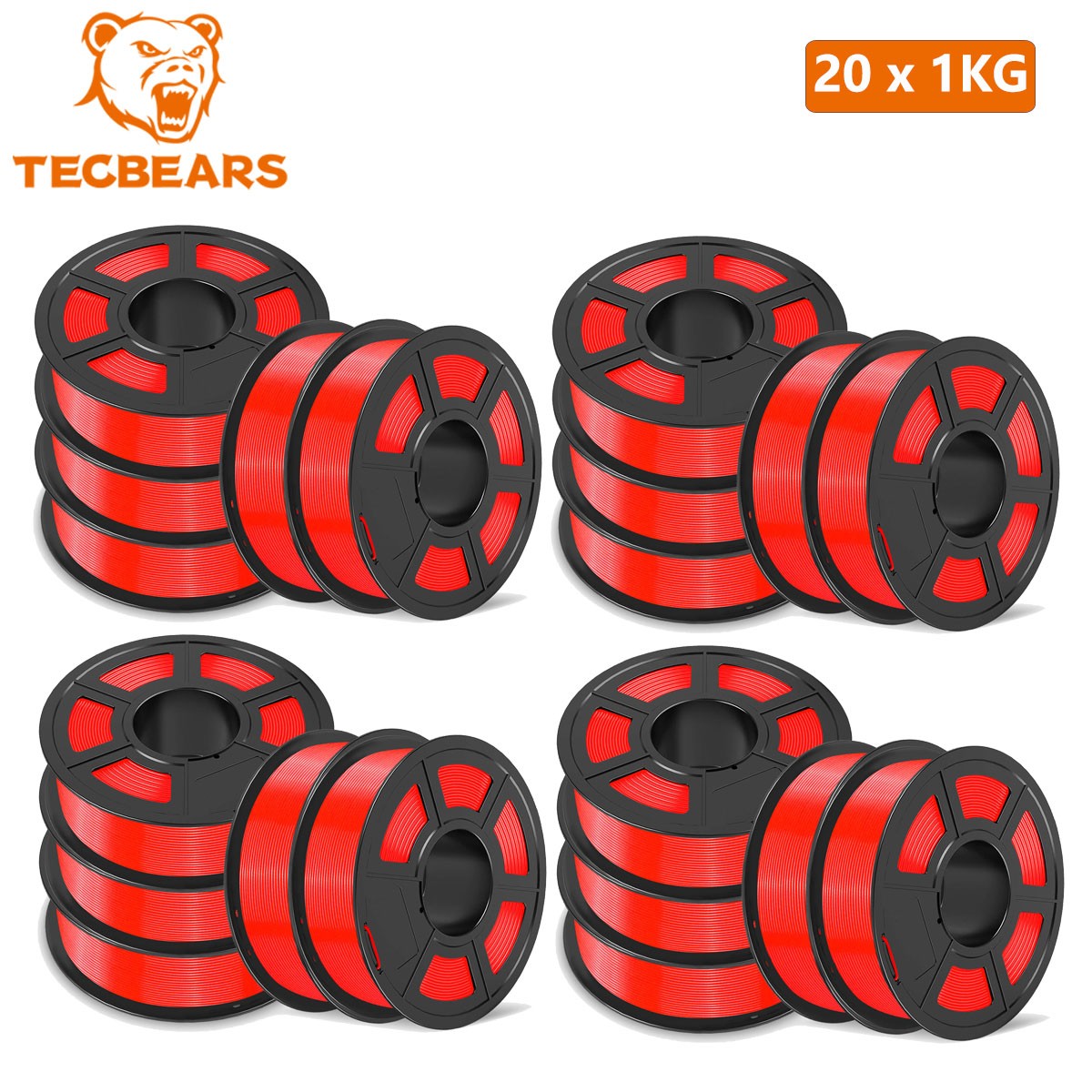TECBEARS PETG 3D Printer Filament Consumables 1.75MM 20KG NO Tangle Neatly Red