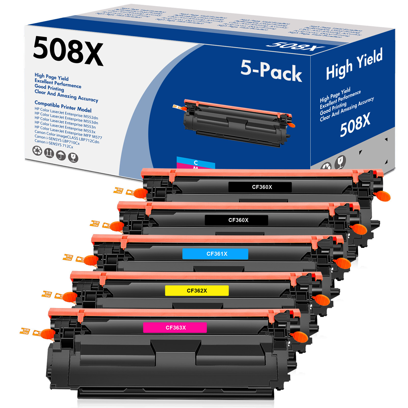5 Set CF360X CMYK ColorSet Toner Fits for HP 508X Enterprise M553x M553dn M553dh