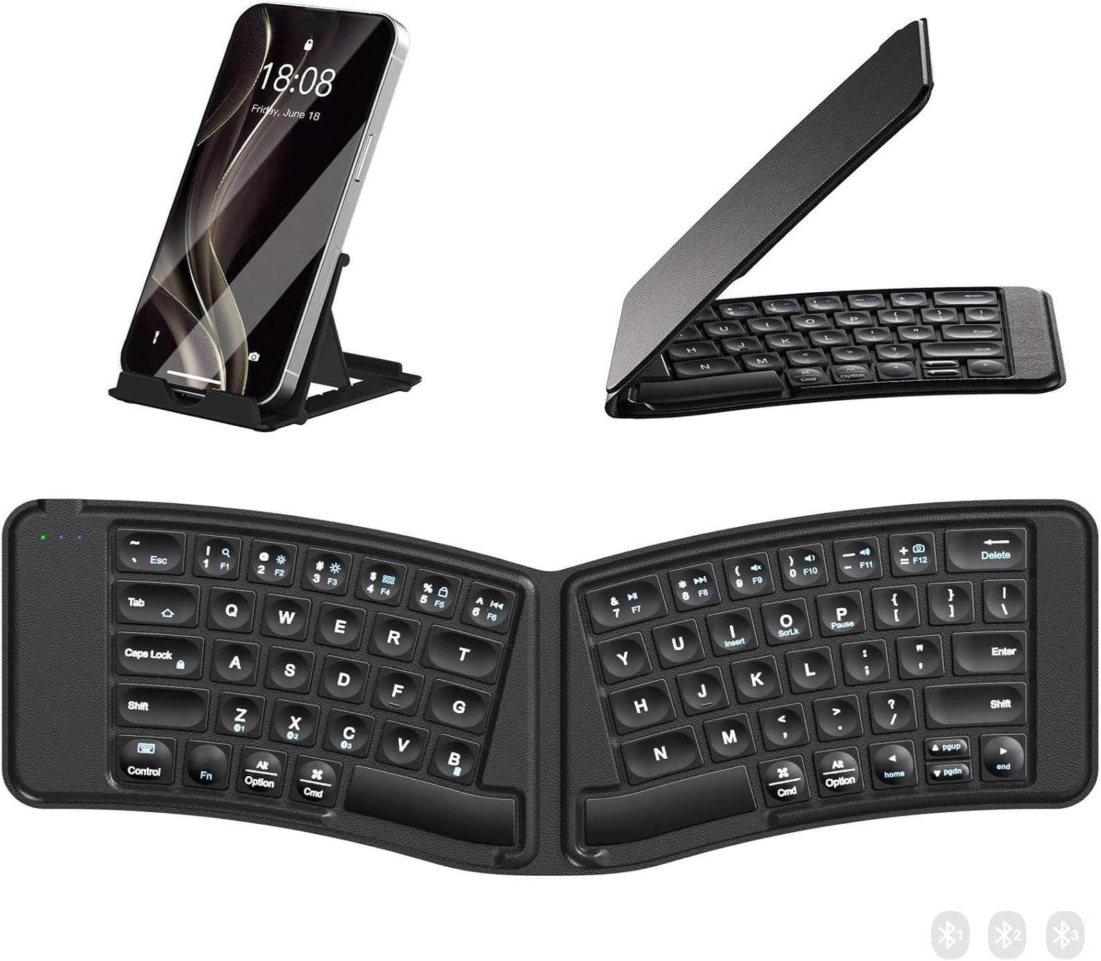 Foldable Bluetooth Keyboard Ergonomic Split USB C 3 Device Wireless Travel Black