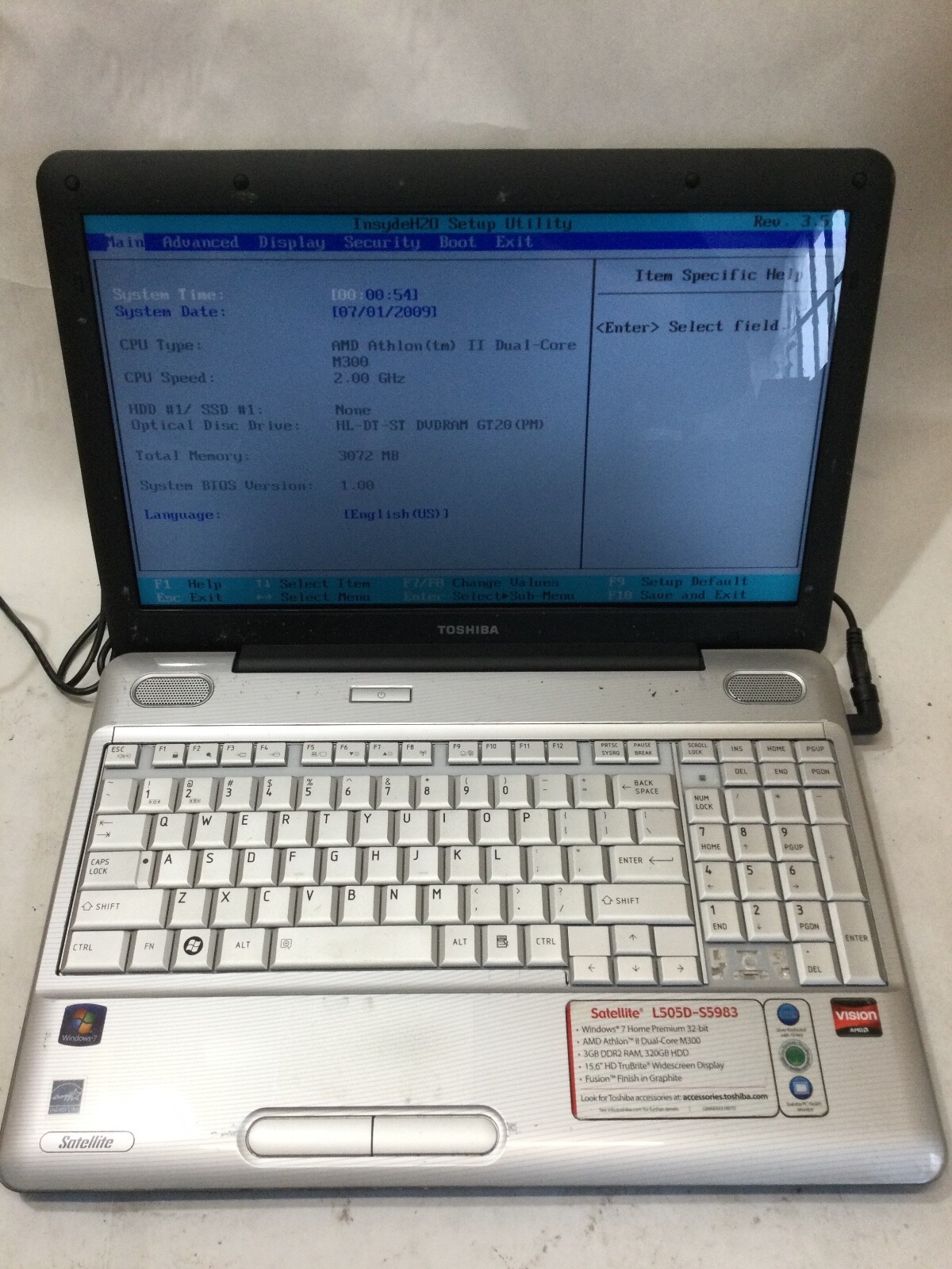 TOSHIBA SATELLITE L505D-S5983 - BOOTS TO BIOS - AMD ATHLON - 2GB RAM - READ - BB