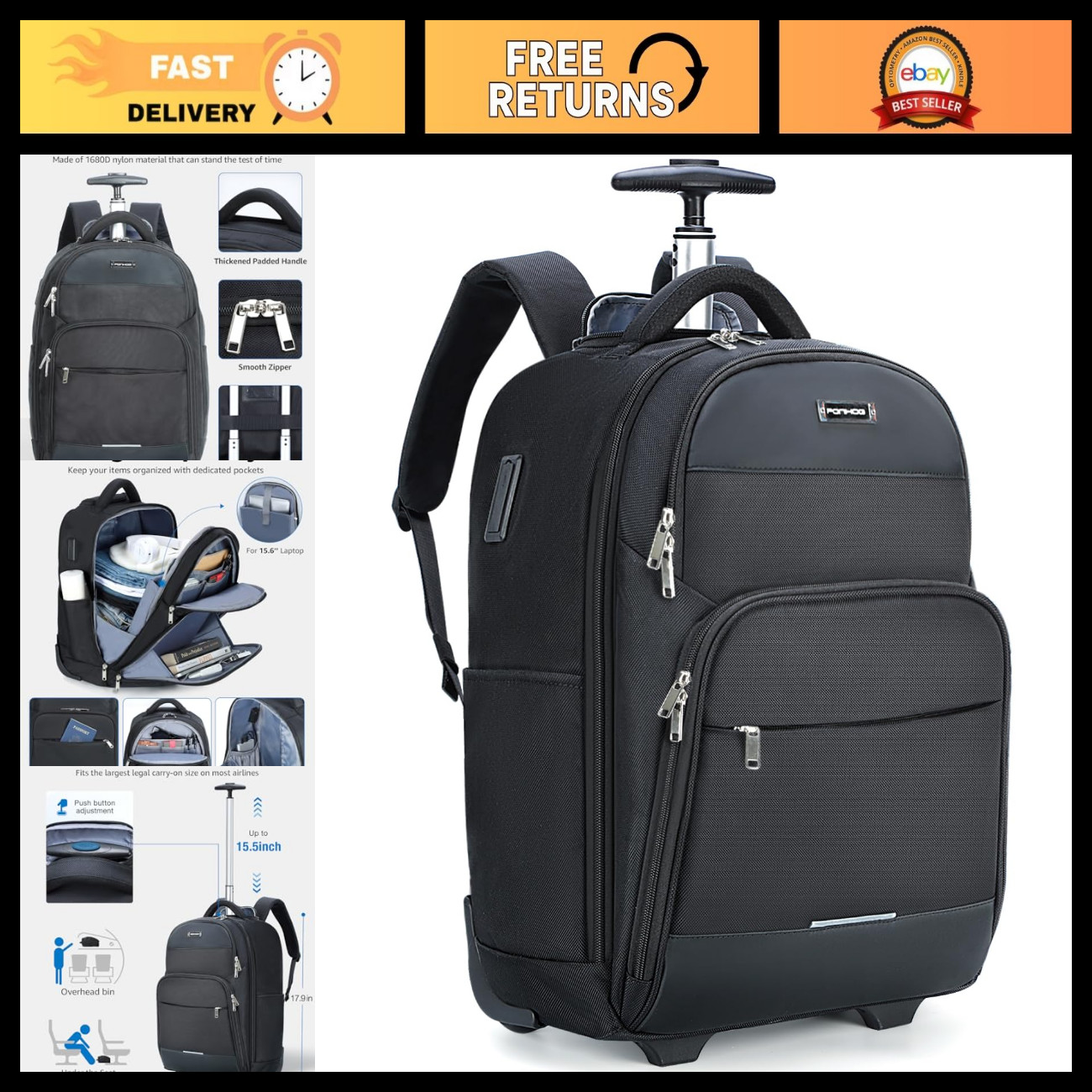 30L Rolling Laptop Backpack with Wheels, USB Charging, Flight Approved Carry-On