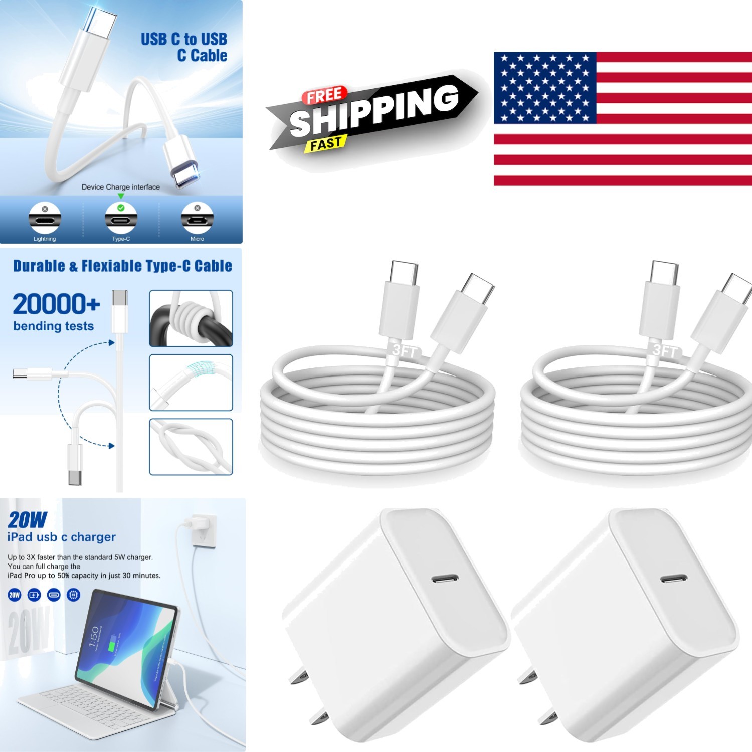 2Pack iPad Charger Fast Charging Block with 3FT USB C to C Charging Cable
