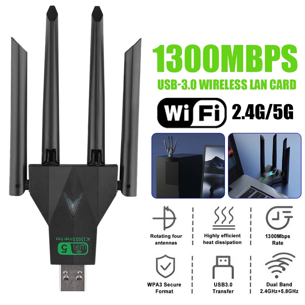 USB 3.0 WiFi Adapter AC1200 Dual Band for PC Desktop Laptop Computer​ High Speed