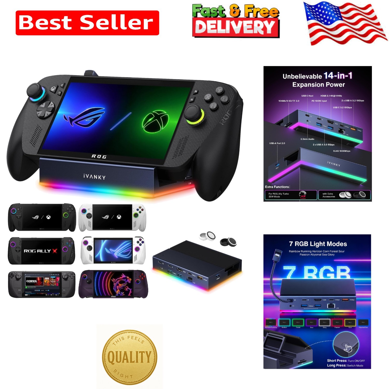 14-in-1 RGB Docking Station for Legion Go & ROG Ally - High-Speed Connectivity