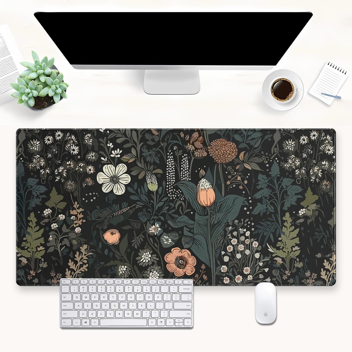 1pc Dark Floral Table Mat, Large Gaming Mouse Pad, with Stitched Edges, Non-Sl