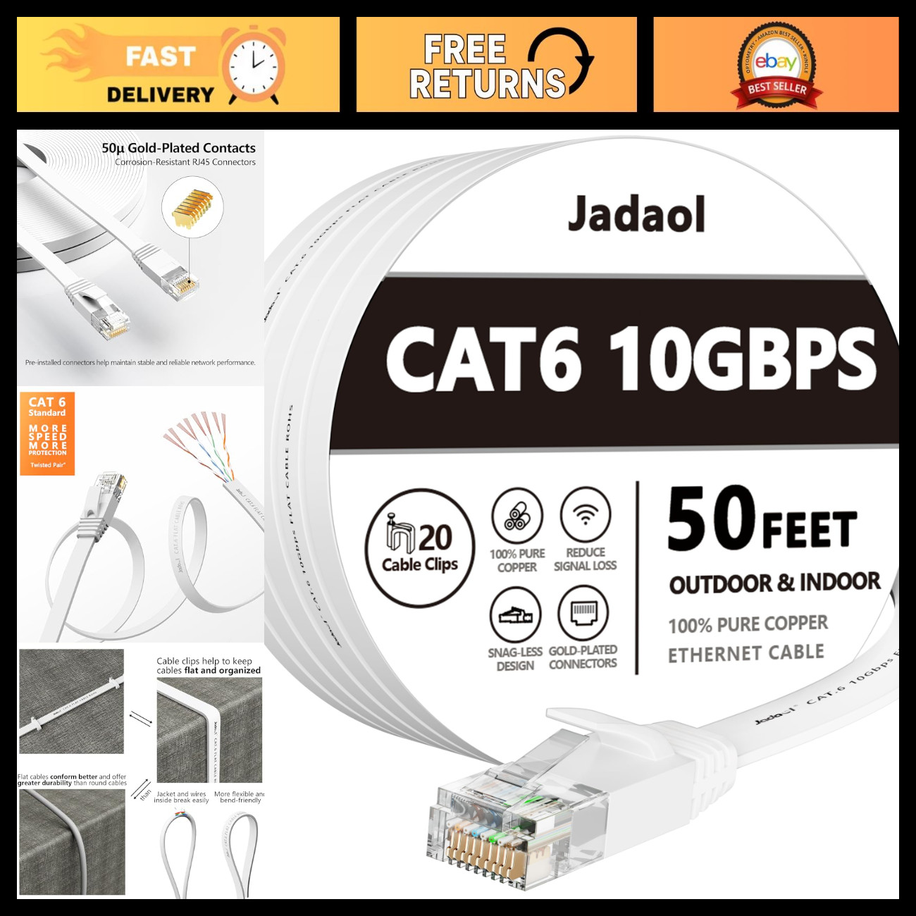 50FT Flat Cat6/Cat6A Ethernet Cable - 10Gbps High-Speed Network, Clips Included