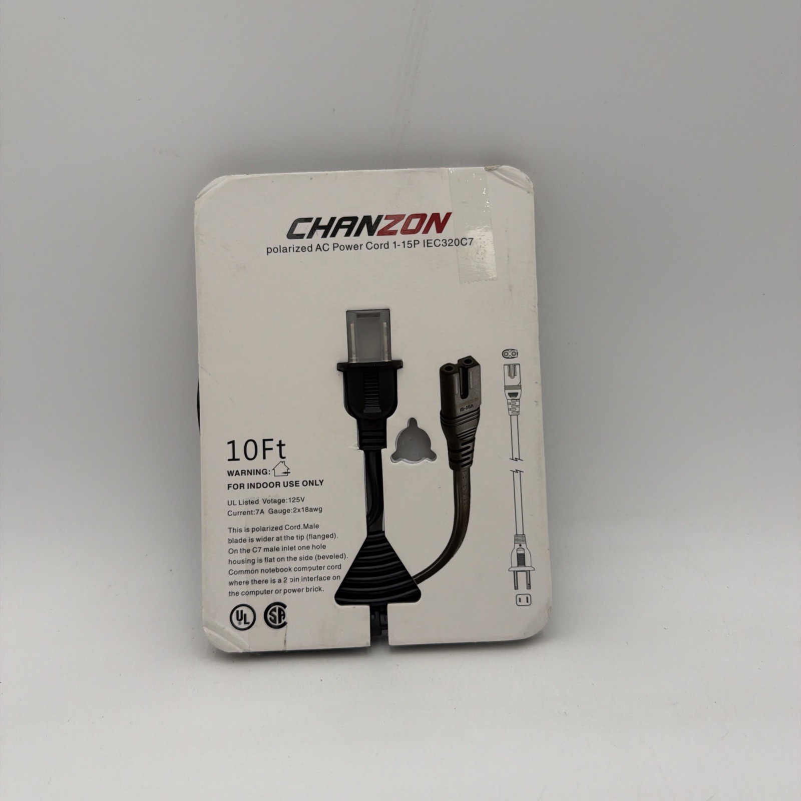 Chanzon Polarized AC Power Cord 1-15P IEC320C7 10Ft
