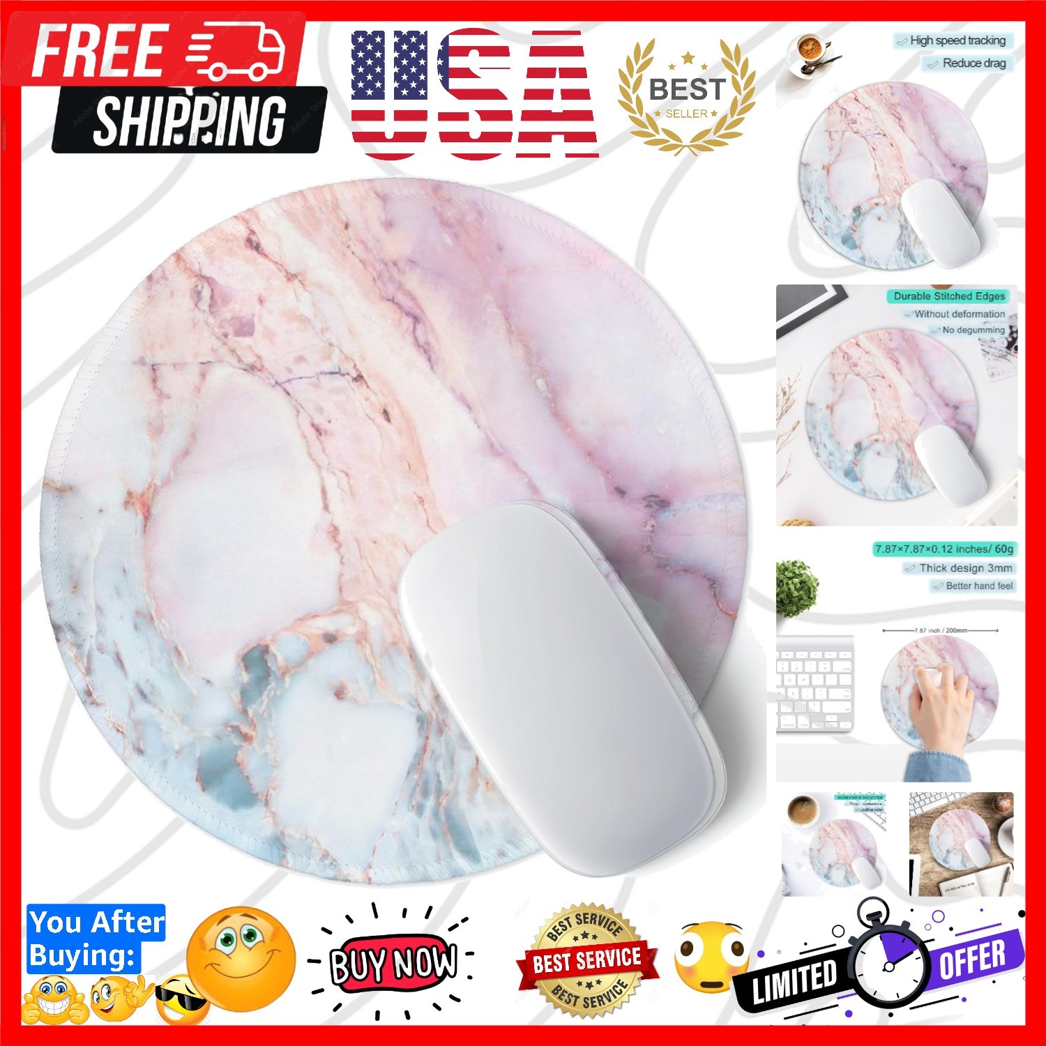 Marble Round Mouse Pad Pink Marble Customized -Textured Washable Desktop Prot...