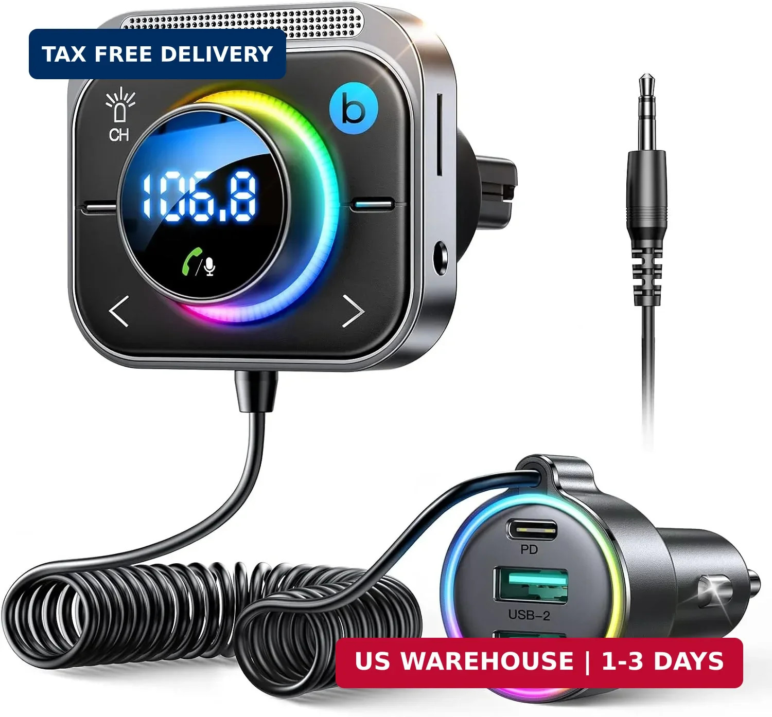 JOYROOM Bluetooth 6.0 Car Adapter FM & AUX HiFi Bass 96W Fast Charging