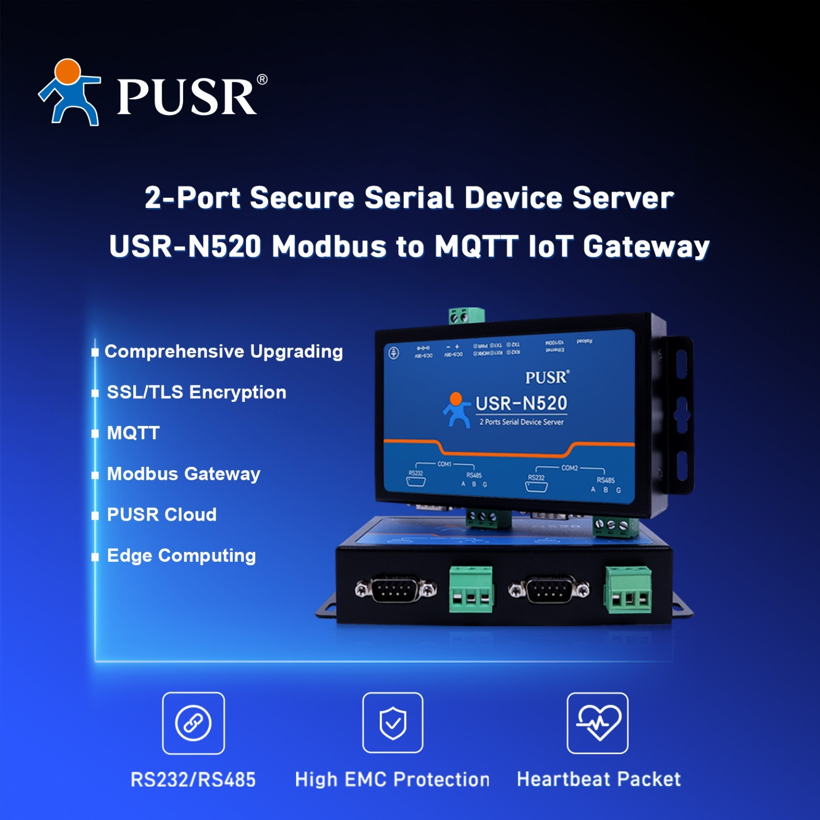 PUSR 2 Port RS485 RS232 to Ethernet Modbus TCP to RTU Modbus to MQTT USR-N520