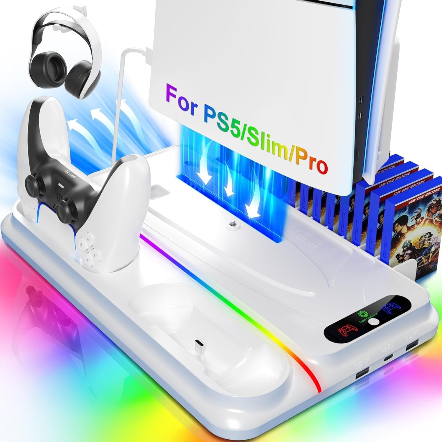 Cooling Station for PS5/Slim/Pro with Dual Controller Charger 3 Level Fan RGB
