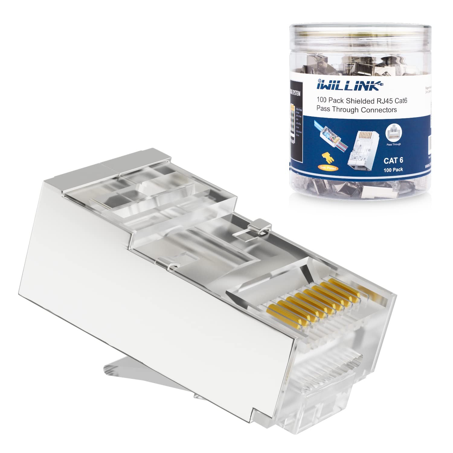100-Pack Shielded RJ45 Cat6 Pass-Through Connectors, STP Crimp Modular Plugs, 50
