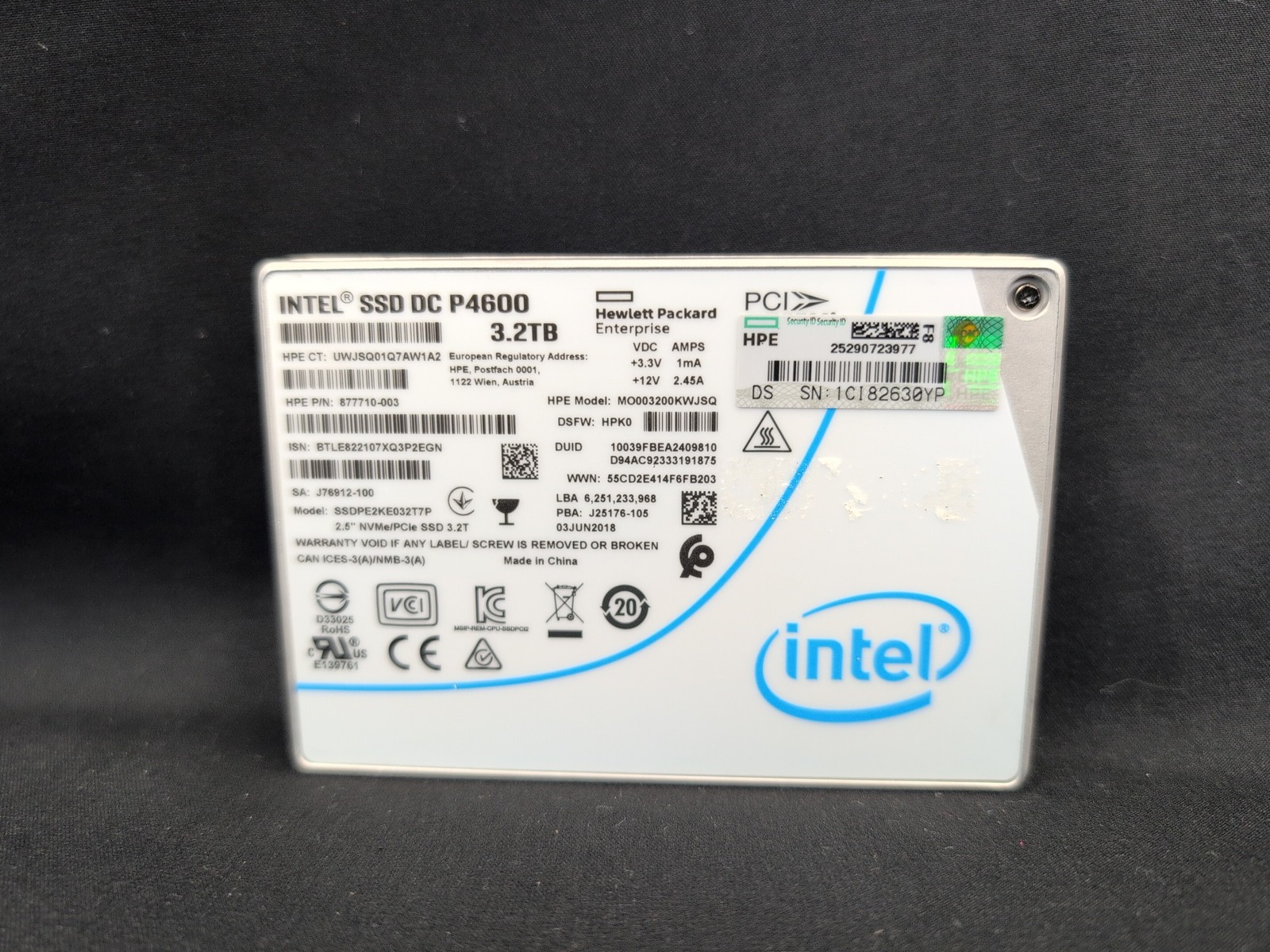 INTEL HPE DC P4600 3.2TB 2.5" U.2 NVMe SSD SSDPE2KE032T7P 877710-003