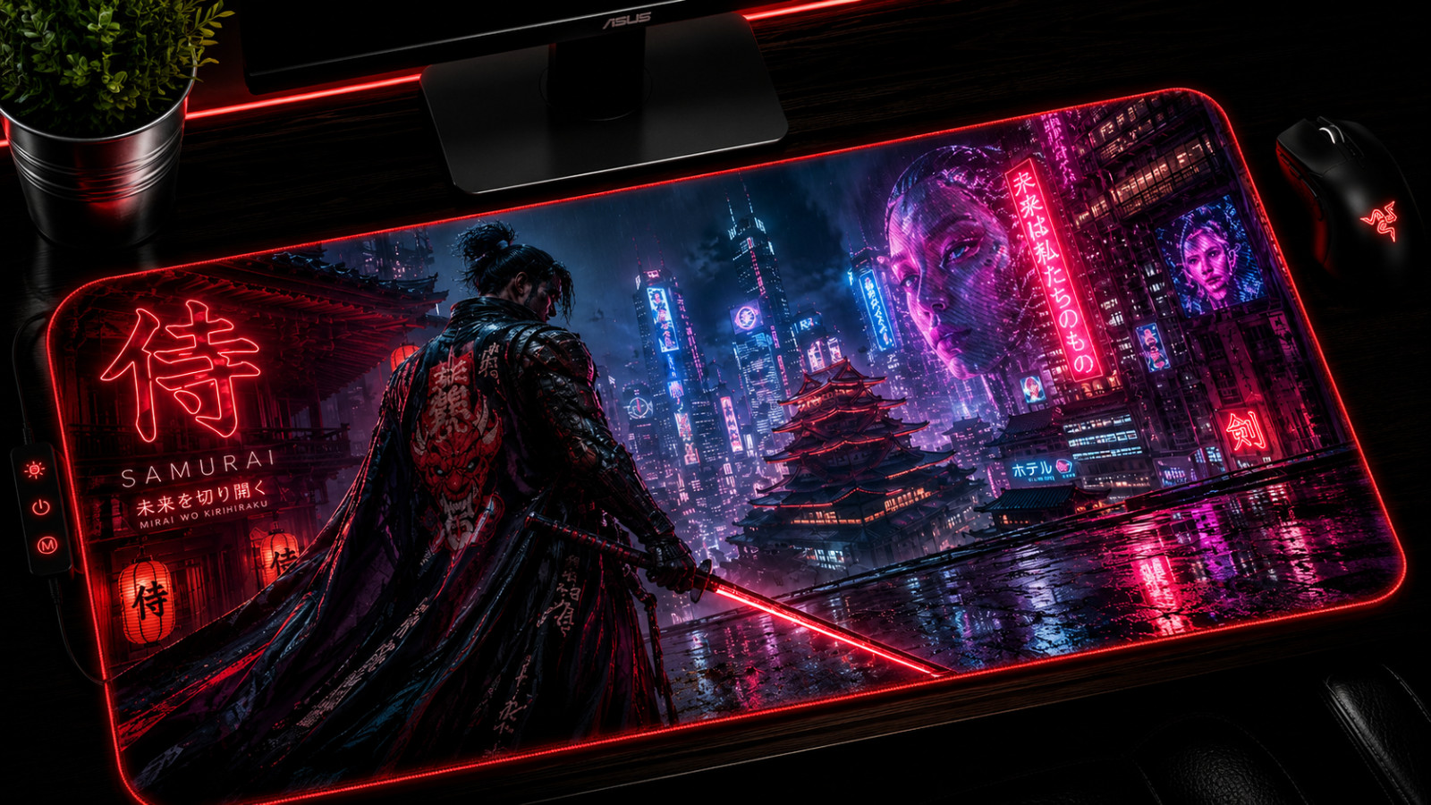 Samurai Cyberpunk RGB XXL Mouse Pad: Enter the Neon Dojo ⚔️🌆