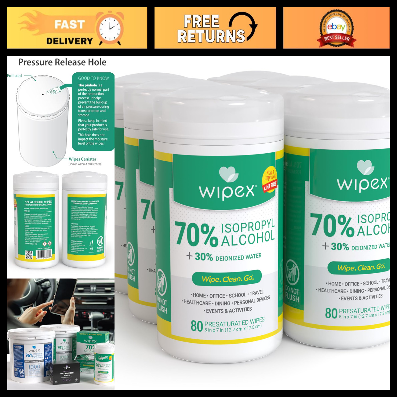70% Isopropyl Alcohol Tech Wipes - Lint-Free Electronics Cleaning, 80 Count x6