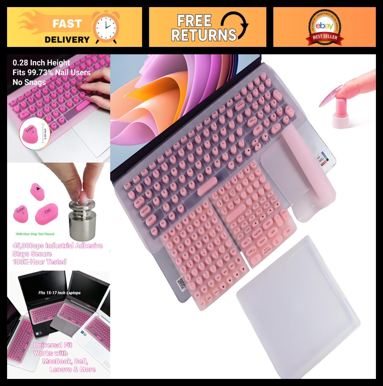 Long Nail Keyboard Stickers & Cover Set for 15-17 Inch Laptops - 119 Keys, Pink